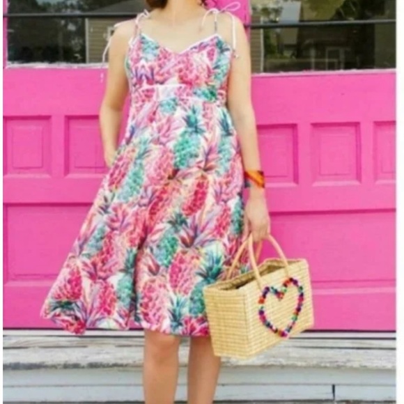 J.Crew Cotton Sleeveless Midi Dress Size 2T Ratti Pineapple Pink Tropical Preppy - Picture 3 of 13